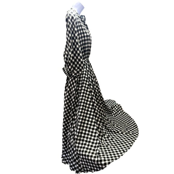 CCC Vintage Black White Gingham Checkered Midi Dress Button Front Elastic Cuffs - Picture 3 of 8
